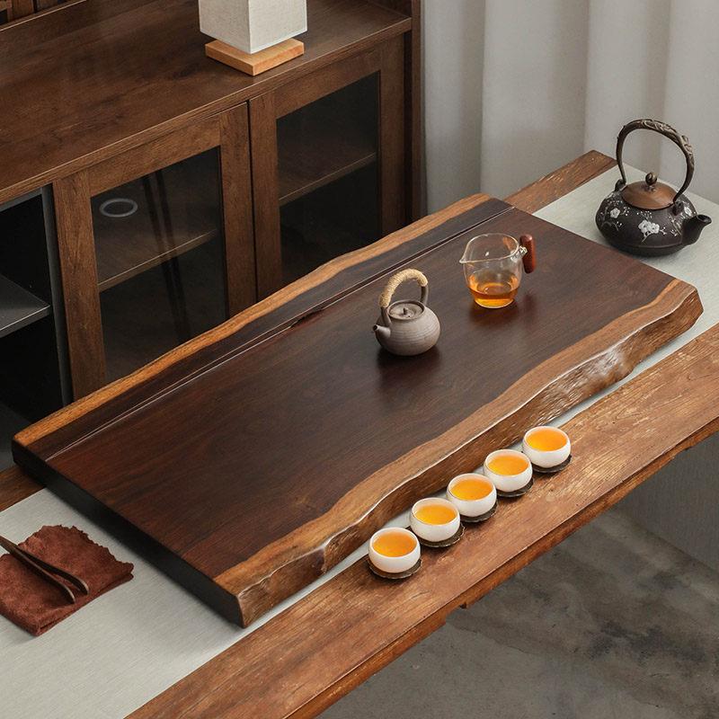 简约原木茶盘家用整块黑檀实木茶台自然边茶具排水式茶海托盘