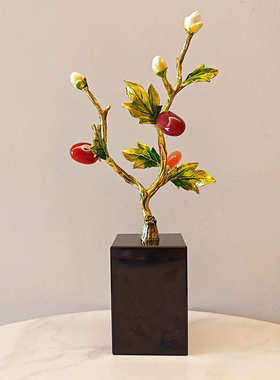 新中式轻奢天然红玛瑙珐琅彩树摆件摇钱树乔迁客厅电视柜装饰礼品