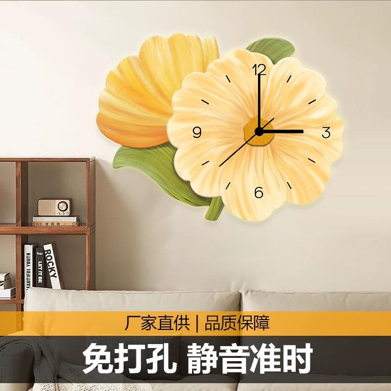 奶油风网红花朵挂轻钟客894752厅简创意钟表奢晶瓷餐英厅装约饰时