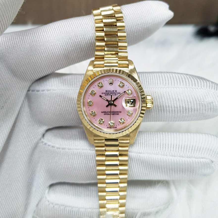 一口价98新Rolex/劳力士小粉盘黄金表女士手表日志型后镶钻盘腕表