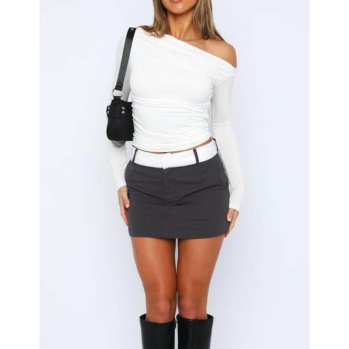 Women's Off Shoulder Pleated Oblique Neck One line Neck Top