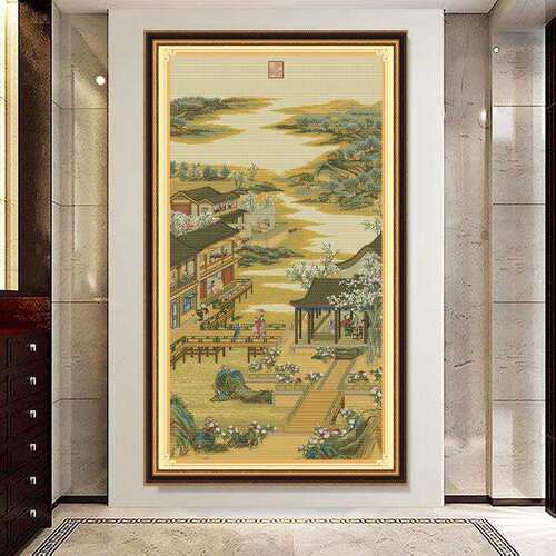 蒙娜丽莎十字绣2022新款客厅中堂雍正十二月之二月竖版玄关风景画