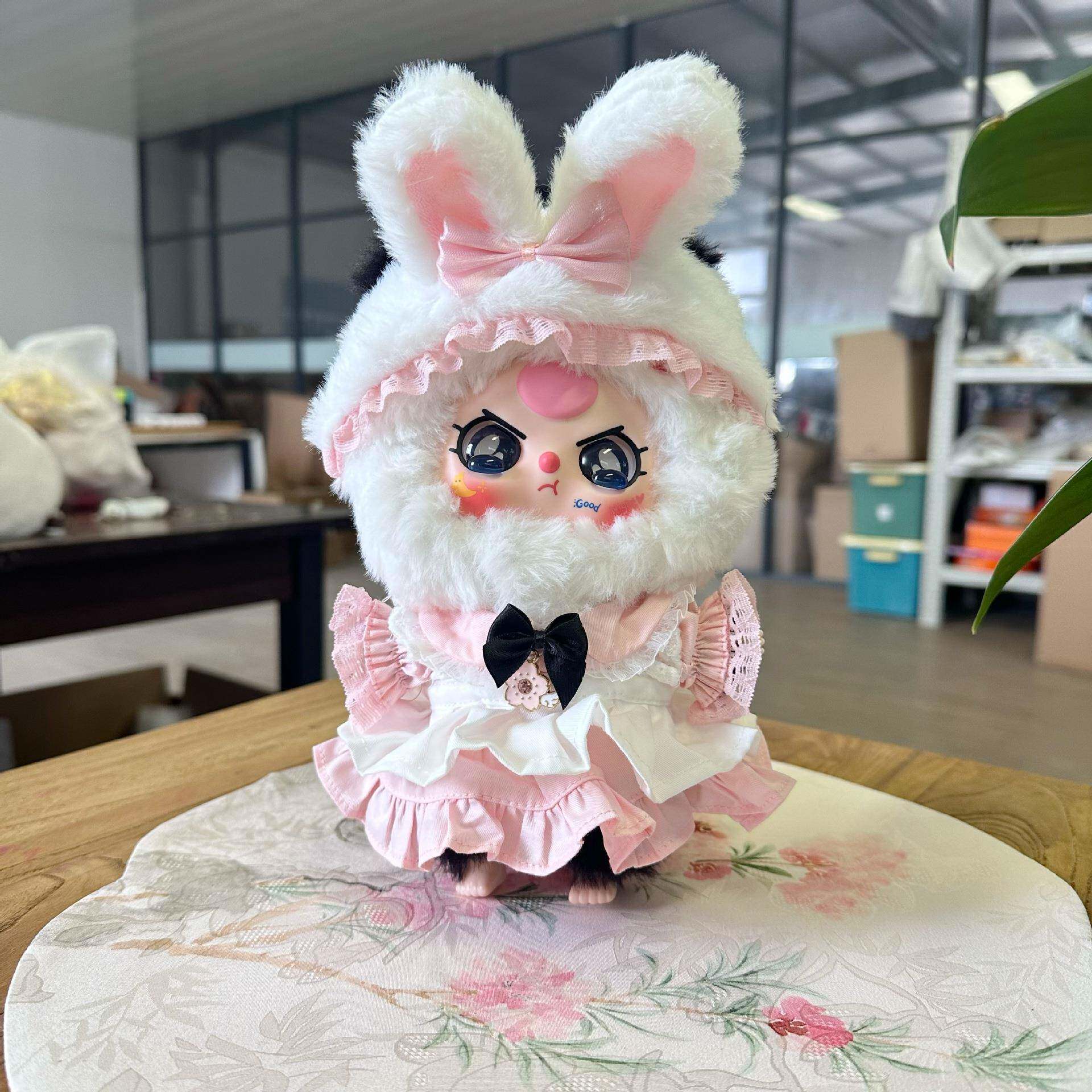 仅衣服】毛绒公仔娃三岁衣服马卡龙小兔子公仔衣服兔耳发带三件套