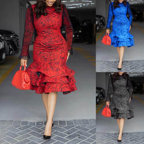 Printed long sleeved mesh patchwork ruffle edge