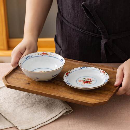 日本进口釉下彩陶瓷盘子古染赤绘平盘钵碗调料蘸料碟寿司刺身日料