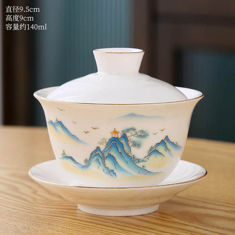 德化羊脂玉白瓷描金盖碗茶杯陶瓷大号泡茶器家用功夫三才茶碗高档