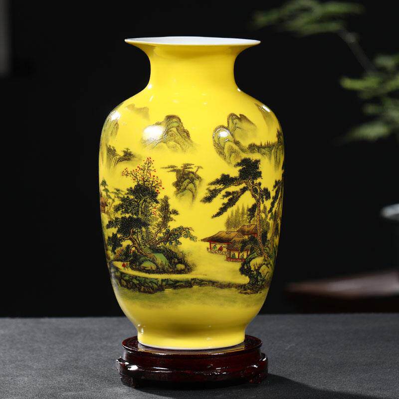 月景水苑黄釉花鸟瓷瓶 景德镇手工釉上彩花瓶
