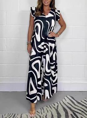 Women's lace up ruffle edge wide leg pants with printed