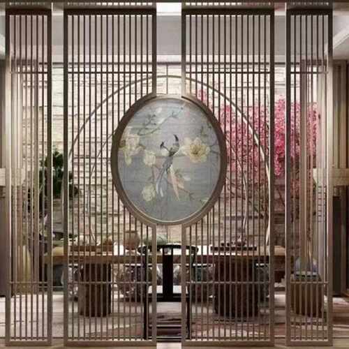 山水画玻璃屏风酒店背景墙不锈钢金属隔断夹娟画夹丝新中式家居