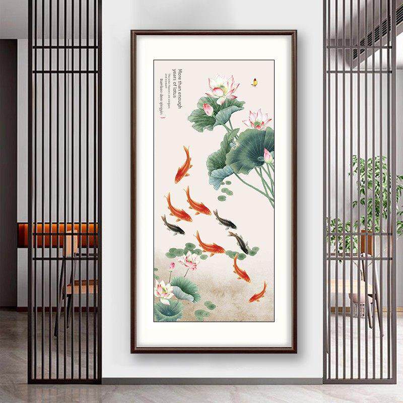 新中国风九鱼图入口大厅装饰画莲花集图入口走廊过道竖版客厅挂画