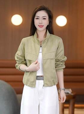 春季韩式立领小个子短外套女新款宽松显瘦拉链鹿皮绒夹克百搭上衣