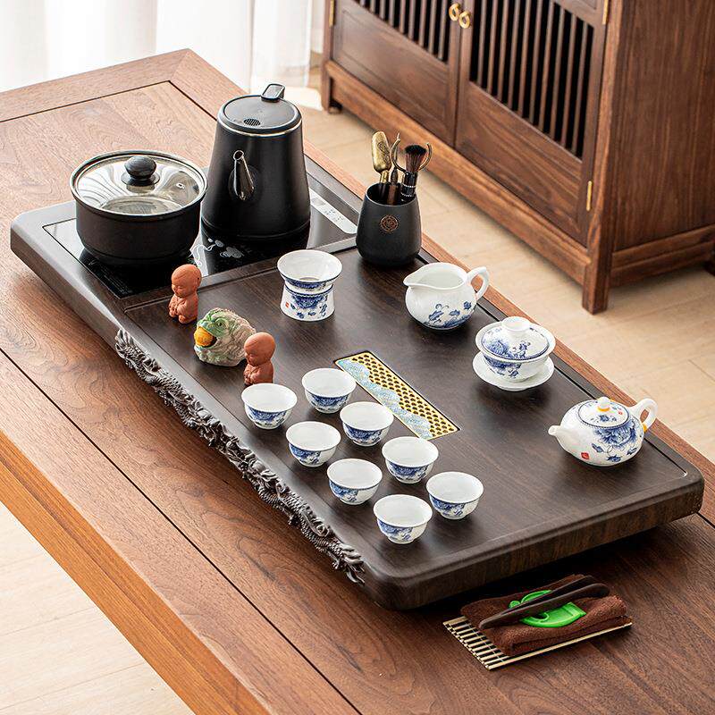 茶具套装家用整套功夫竹木边雕双龙加厚茶盘四合一玻璃烧水壶茶台