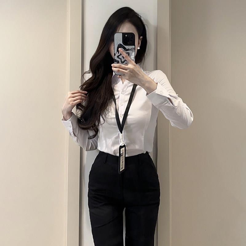 白色V领职业衬衫女长袖气质通勤正装面试修身衬衫工装免熨烫工作