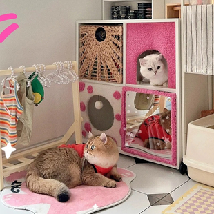 实木格子柜创意多层猫窝柜子一体置物架落地简易猫爬架床头收纳柜