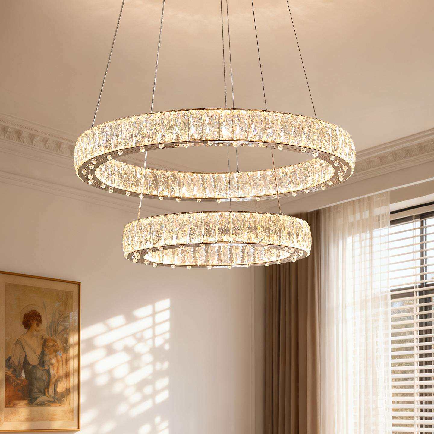 意式轻奢客厅水晶吊灯双层圆环LED灯具现代简约别墅复式楼大吊灯