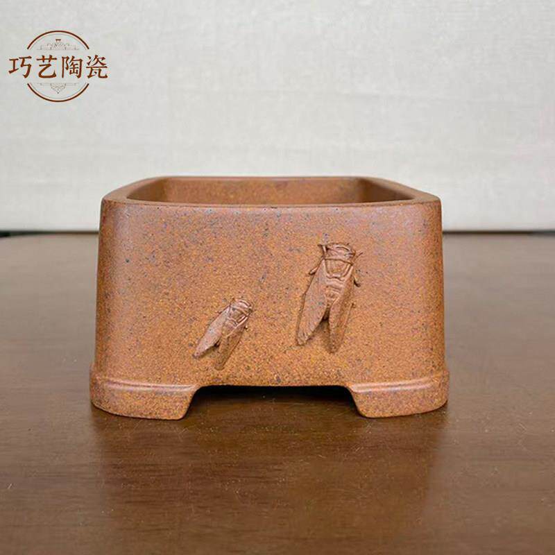 精美手工复古柴烧盆景花盆小号紫砂花盆带兽头粗陶透气多肉盆栽盆