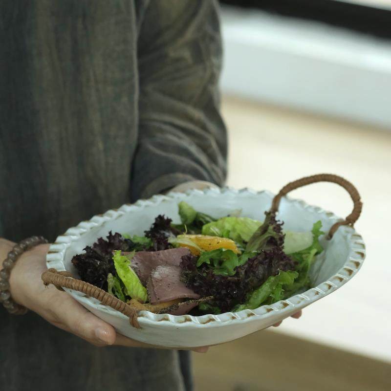 川泽烧10英寸藤编提绳双耳盘景德镇陶瓷盘子汤盘家用日式覆古餐具