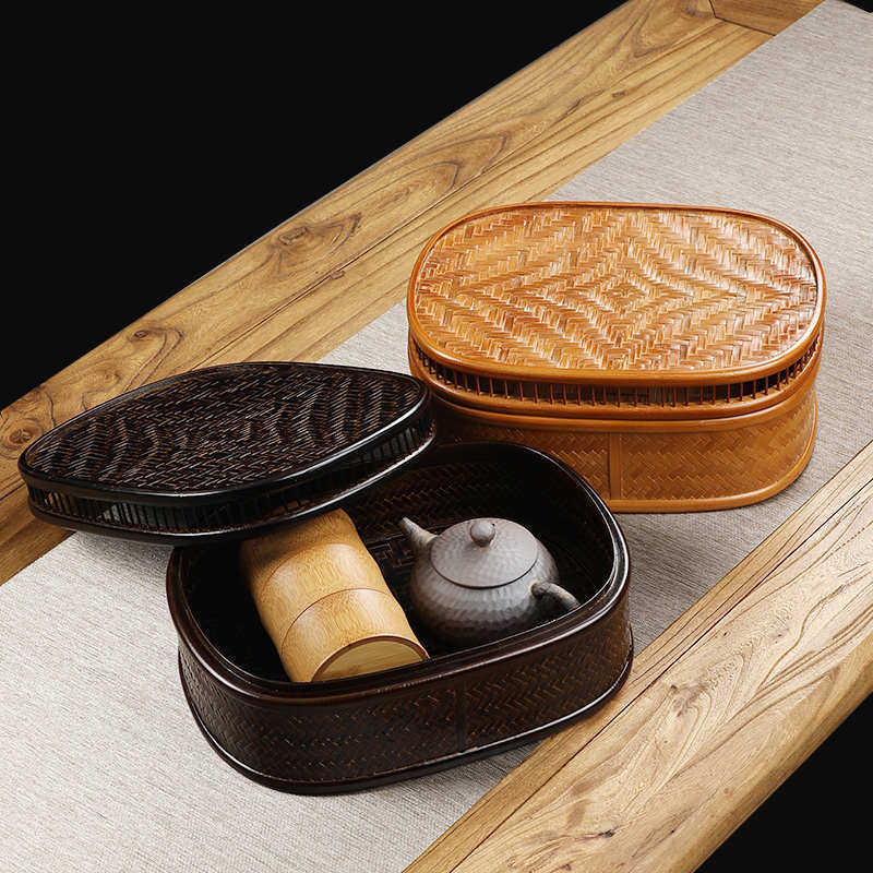 日式竹编收纳盒家用圆形复古带盖茶具整理筐水果篮竹篮托盘竹制品,特色手工艺,竹编/竹雕,淘宝优惠券,粉丝福利购,淘宝优惠卷