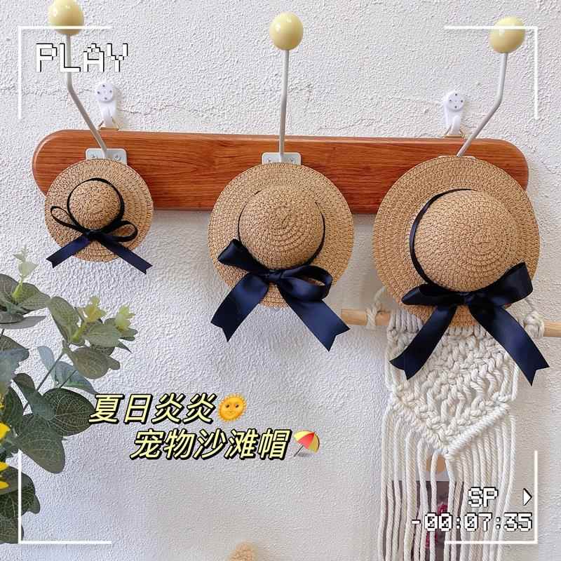 宠物夏天藤编草帽猫咪狗狗手工蝴蝶结沙滩帽中大型犬可戴厂家