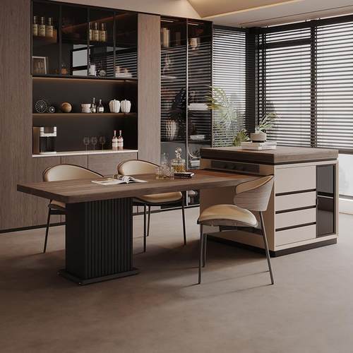 岛台餐桌一体黑胡桃木岩板可伸缩家用大户型意式极简高端餐开放式