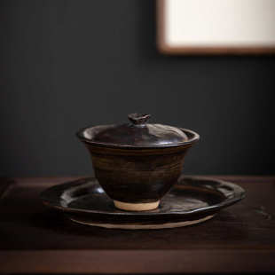 家用客厅办公室功夫茶具单个泡茶杯子泡茶碗 拙器手作三才盖碗