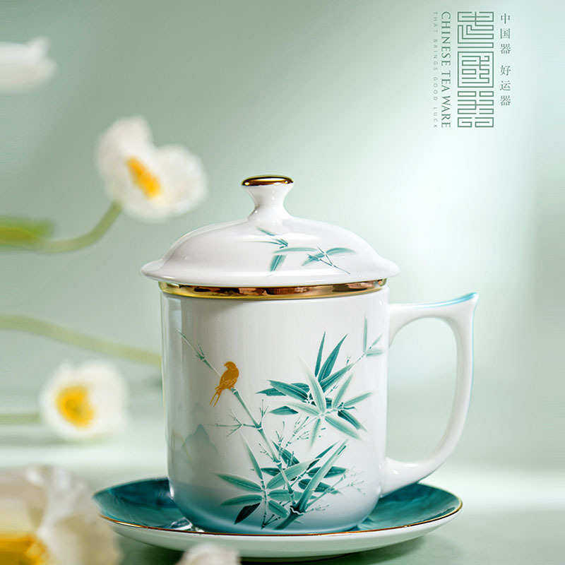 陶瓷办公礼品茶水分离杯大容量带盖广告周年活动水杯骨瓷茶漏盖杯