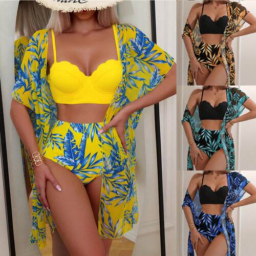 Women ' s 2026 Tropical Leaf 3 - Piece High - Waisted Bikini