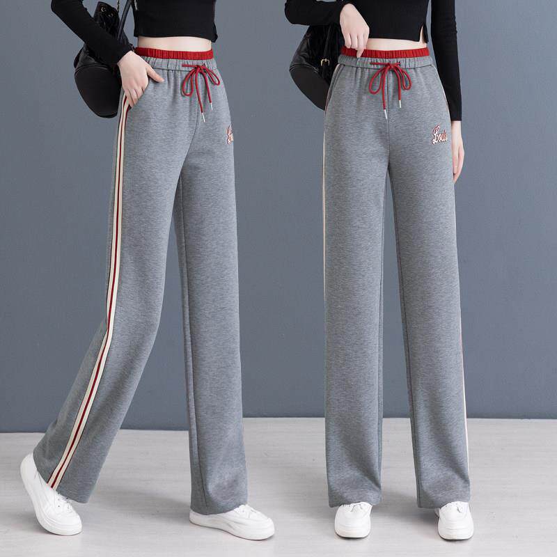 高端灰色运动裤女2025春秋冬新款垂感休闲直筒卫裤高腰加绒阔腿裤