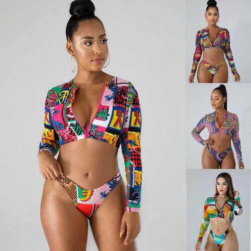 Bikini long sleeved zipper print. Split high waist plus