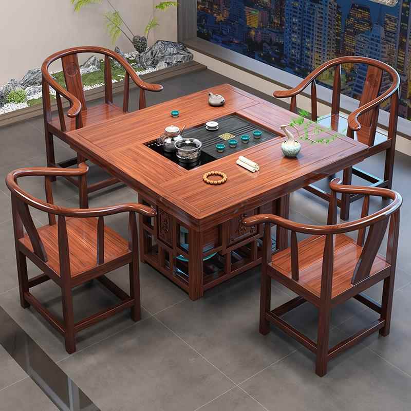 四方茶桌椅组合正方形茶几客厅家用餐桌二合一体两用圆形实木茶台