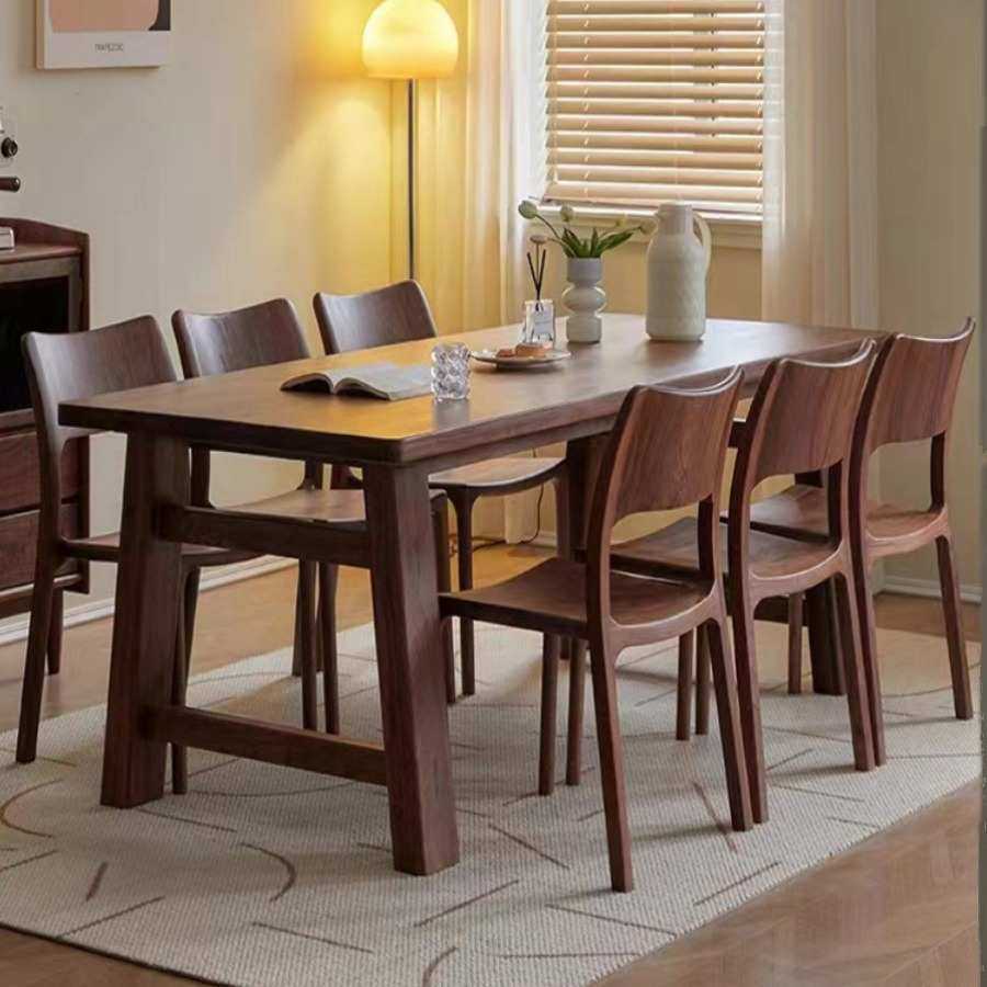 北欧全实木大板胡桃木色餐桌复古美式现代简约轻奢家用办公椅组合