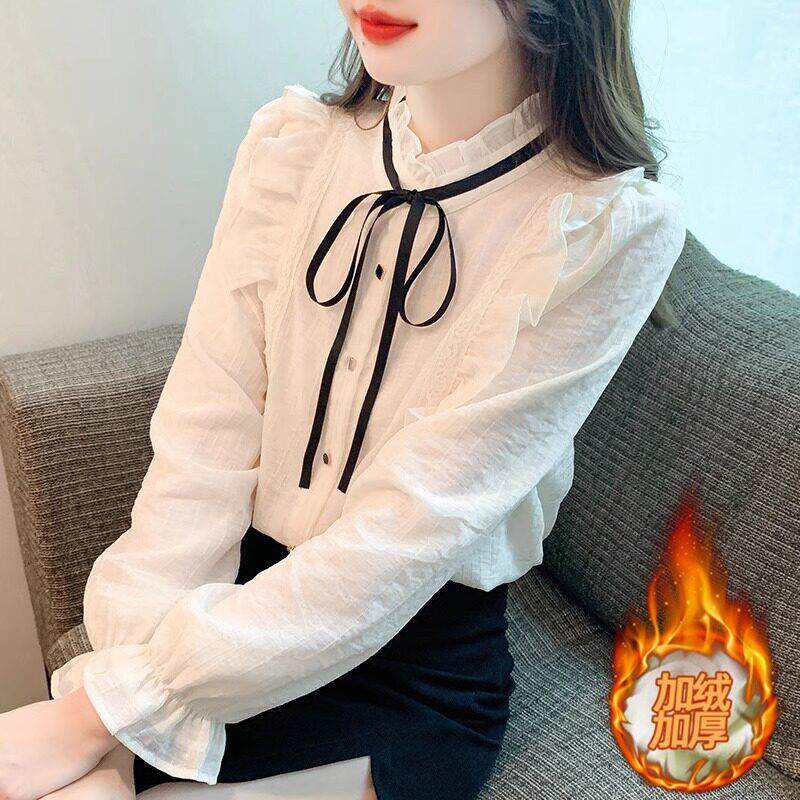 欧洲站半高领蕾丝衬衫女2025新款轻奢高级感春秋冬加绒内搭打底衫