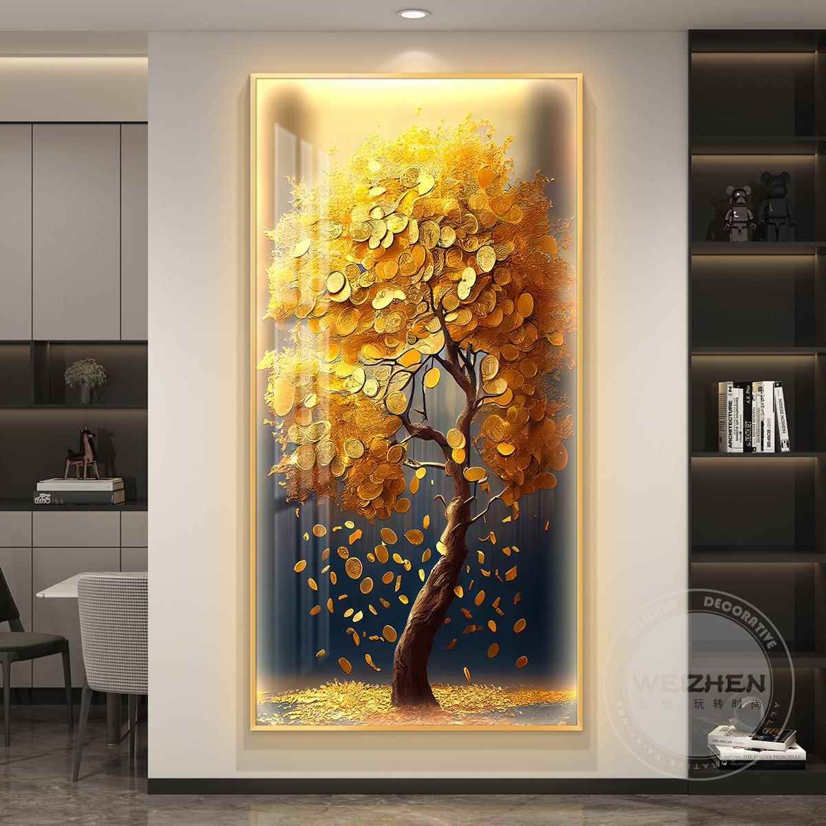 发画财树挂画带2灯装饰LE插D灯画203新款电01094-9入户玄关走廊过