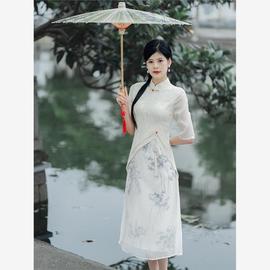 米色旗袍年轻款复古气质蕾丝雪纺拼接改良版连衣裙秋季