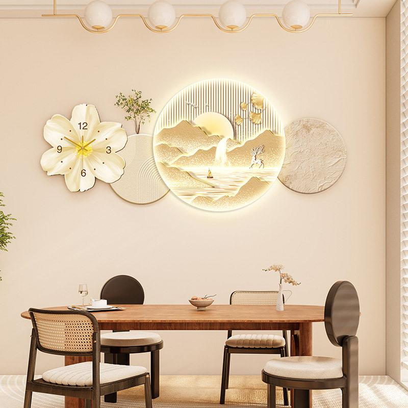 饭厅装饰画带钟表高档饭厅现代轻奢高级感发光挂画墙面墙上壁画