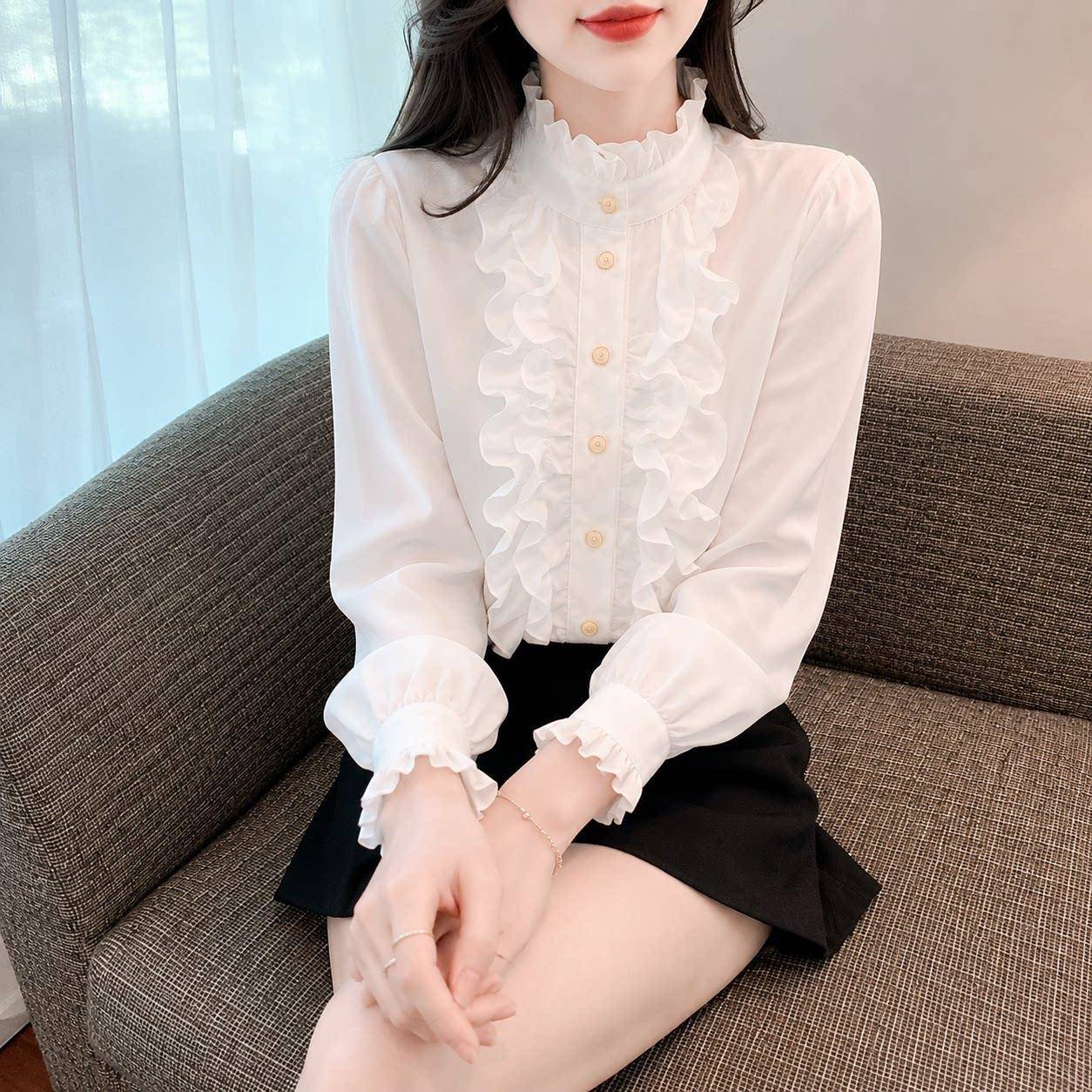 新品法式气质荷叶边立领白色衬衫女2026春秋洋气百搭打底小衫别致