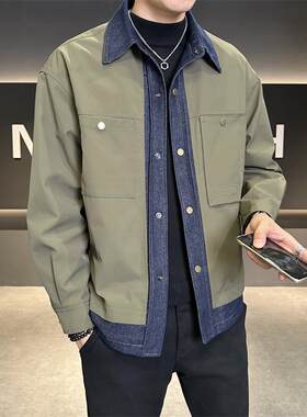 设计感假两件外套男士2025新款潮流爆款宽松休闲翻领拼接牛仔夹克