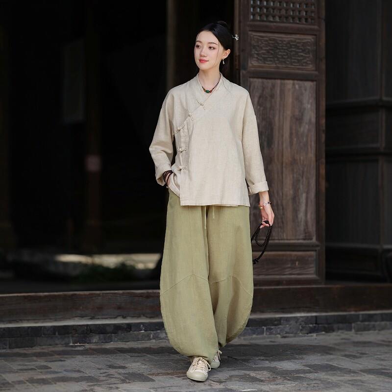 新中式上衣女春秋季棉麻盘扣斜襟长袖衬衫禅修居士服茶服开衫套装