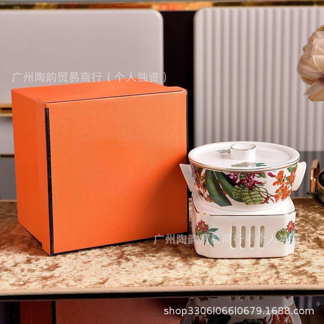 跨境陶瓷H蜡烛加热炉暖炉炖盅保温双耳汤碗高档宴会家用餐厅餐具