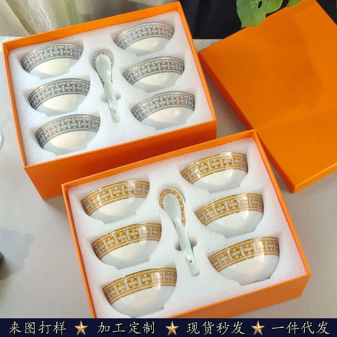 欧式家用陶瓷碗汤碗套装礼盒装高脚米饭碗勺子精致奢华礼物厂