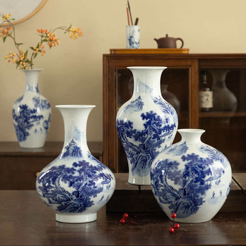 陶瓷仿古装饰品插花陶瓷器家居青花瓷客厅摆件山水花瓶中式景德镇