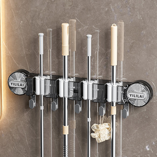 强力吸盘拖把夹家用免打孔卫生间连排拖把夹带挂钩无痕浴室置物架