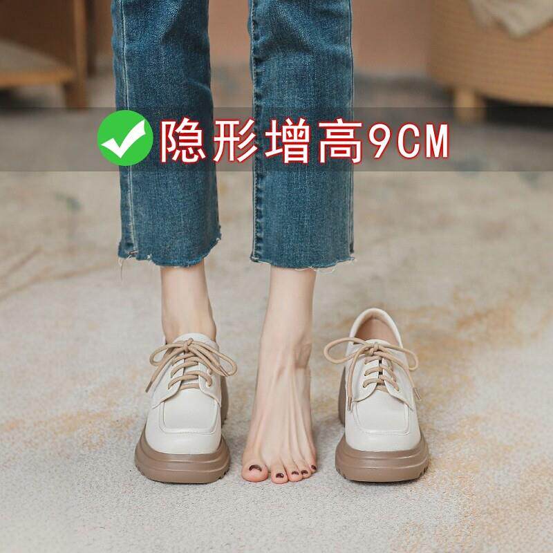 9cm内增高女鞋英伦风白色系带小皮鞋松糕厚底乐福鞋高跟增高单鞋