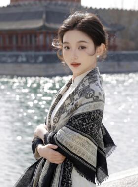 秋冬百搭披肩复古民族风黑色大方巾女外搭薄款空调房云南旅1014k