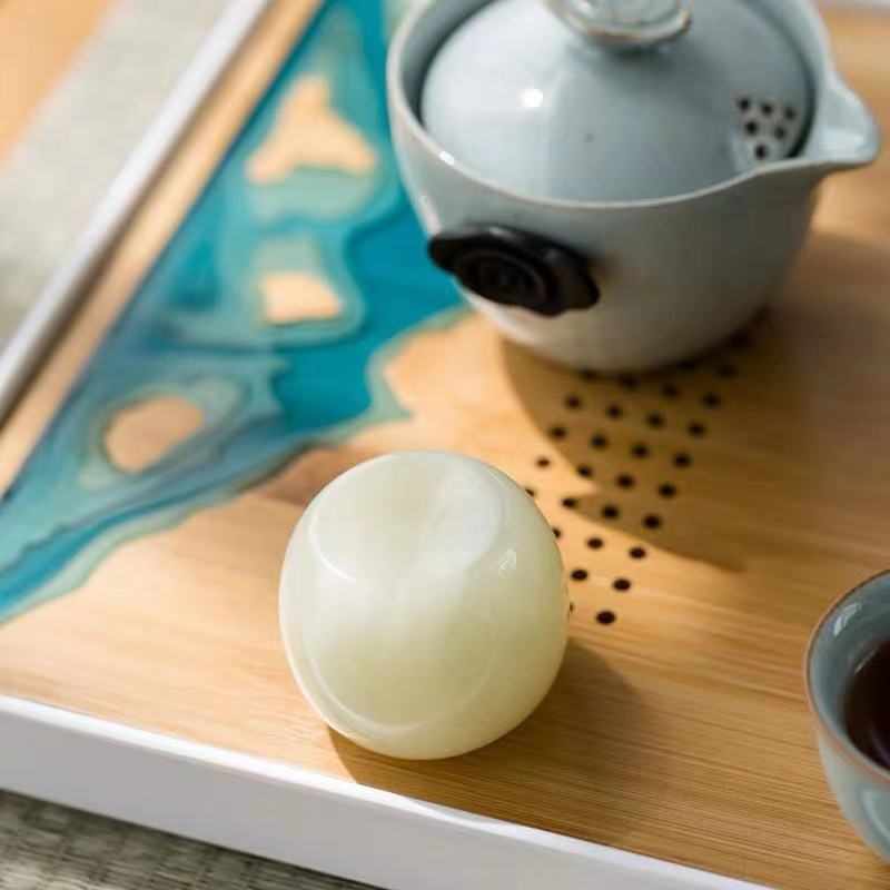 日式盖置茶宠配件椭圆茶壶盖碗盖托功夫茶具家用古青玉石茶台摆件