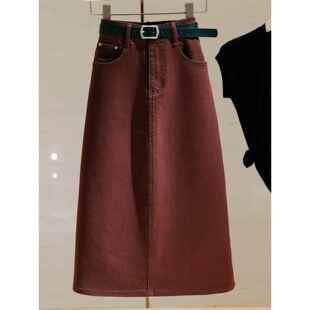 CULV中长款弹力牛仔半身裙女2025春新款小个子高腰开叉a字包臀裙