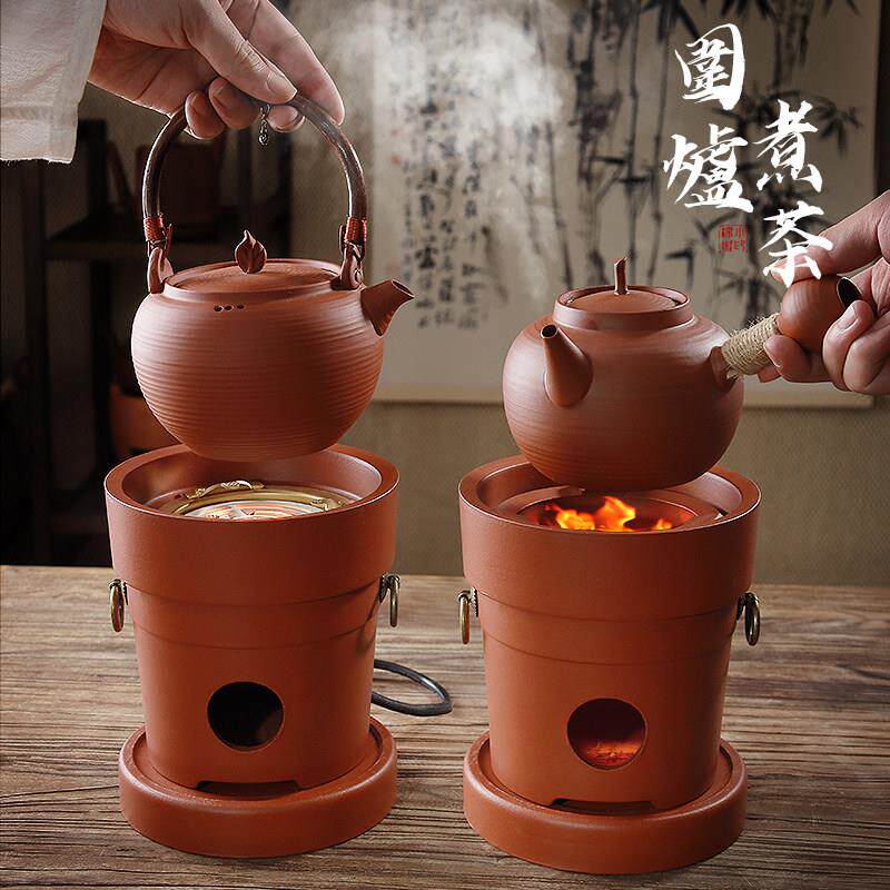 潮州红泥小火炉手工砂铫壶薄锅仔烧水壶中式围炉煮茶碳电两用泡茶