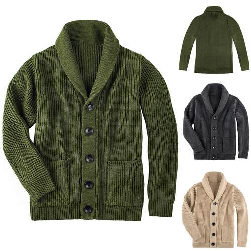 Sweater Cardigan Wool Knit Mens Olive Green Blend Cable
