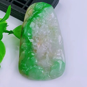 天然真品翡翠正品 冰水润冰飘阳绿阳色精雕山水意境牌吊坠 31.43g