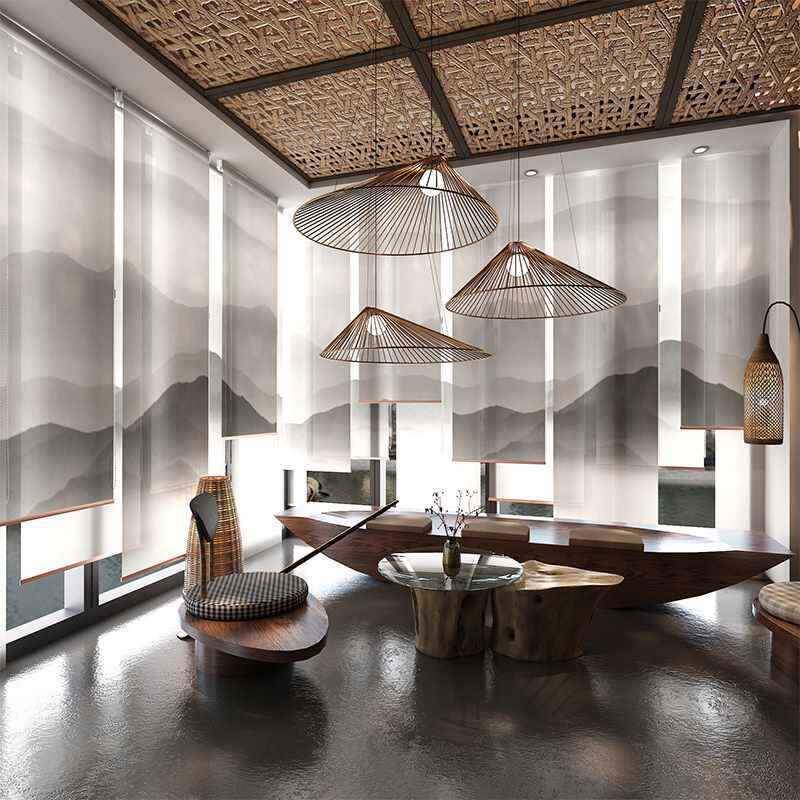 新款直销现代中式卷帘玄关挂式屏风软隔断落地窗帘子酒店餐厅软装